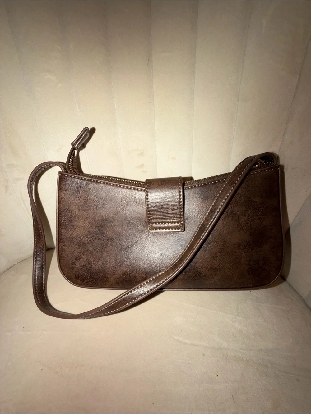 Brandy Melville Brown Faux Leather Shoulder Bag with Gold Buckle